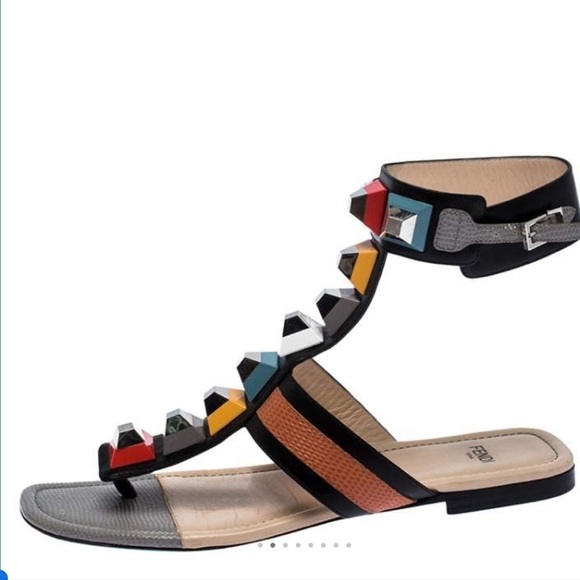 New! FENDI multicolor leather and lizard embossed multi studded Size 38 flats - Picture 7 of 10